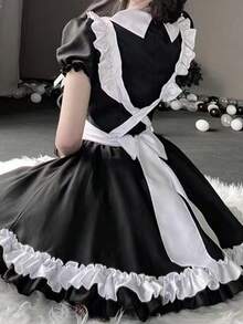 一件可爱甜美女仆蕾丝缎面蝴蝶结双色连衣裙，适合角色扮演、舞台表演、节日派对、休闲穿着、万圣节、派对礼服 - 彩色 - 查看 3