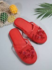 女士一脚蹬穆勒拖鞋刺绣网眼露跟平底鞋，优雅休闲室内/户外红色透气舒适平底凉鞋