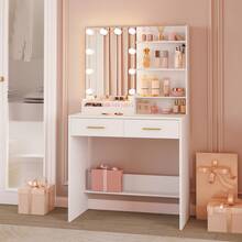 Dressing Table With Mirror And 10 LED Lights, Dressing Table With 4 Open Shelves And 2 Compartments, Dressing Table With 2 Drawers, For Bedroom, Living Room