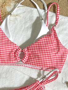 Summer Fashionable Red Plaid Print Contrast Color Adjustable Straps Bikini Top, Double Track Bikini Bottom, Women Elegant Casual Swimsuit Set, Suitable For Beach Holiday