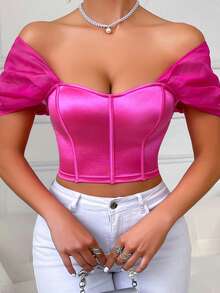 1pc Pink Sexy Backless Spaghetti Strap Camisole Midriff Baring Crop Top Corset