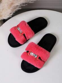 Women's Luxury Metal Lock Gem Decor Non-Slip Rubber Bottom Slippers, Casual Fashion Summer Red Fluffy Fur Slide Slippers