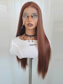 13x4 棕色天然直发合成蕾丝前假发，无缝发际线，耐热纤维，柔软直发，适合角色扮演 - 棕色 - 查看 8