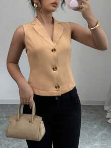 Women's Elegant Commuting Fashion Solid Color Lapel Neck Sleeveless Short Top, Spring/Summer - Coffee Brown - View 3