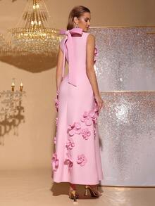 Modphy Nuevo vestido elegante de cuello alto sin mangas con decoración floral 3D, cinta de mariposa, vestido de noche largo para el Día de San Valentín, boda, fiesta, ocasión formal, vestido de invitada de boda, vacaciones de primavera en color rosa - Rosa - Ver 6