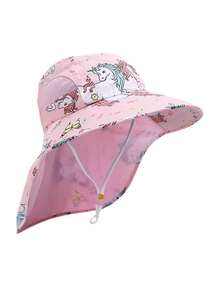 1pc Cartoon Unicorn/Mermaid/Dinosaur Pattern Kids Large Brim Shawl Bucket Hat, Boys Girls Sun Hat For Spring Summer Autumn Outdoor Travel Beach, UV Ion - Nhiều màu - Xem 2