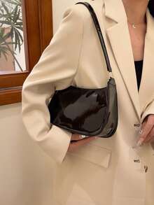 纯色极简拉链单肩包，时尚新月形包，拉链单肩包，仿皮纯色钱包，酒红色内衣收纳袋，理想的新年礼物，时尚酒红色内衣收纳袋 - 黑色 - 查看 5