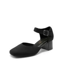 Women's Square Toe Chunky Heels Pumps Ankle Strap Comfortable Knitted Closed Toe Fashionable Elegant Holiday Work Dress Shoes - 黑色 - 查看 2