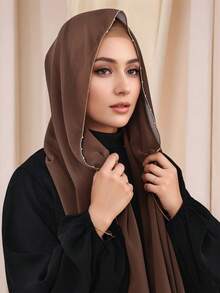 1pc Women's Fashion Chain Chiffon Long Scarf, Long Solid Color Muslim Headscarf/Hijab Shawl, Elegant Daily Casual Sunscreen - Chain Chiffon Scarf - View 3