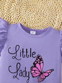 Girls Sleeveless Top & Shorts 2pcs Set, Round Neck Lace Ruffle Sleeve Blouse + Butterfly Print Shorts, Casual Daily Wear For 4-7 Years Old