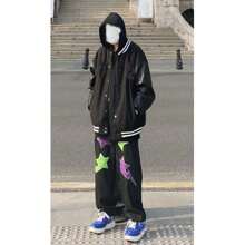 Jupkem American Rock And Hip-Hop Street Men's Pants With Star Pattern Patch Design, Loose Straight Leg Wide Leg Casual Pants, High Street Ins Jeans, Black