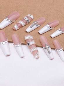 10 pezzi Unghie finte set di unghie a forma di feretro bianche, extra lunghe, con finitura lucida, realizzate a mano, con cristalli gioiello, design a croce bianco glitter cromo brillante, copertura totale, unghie finte per gel per ragazze e donne