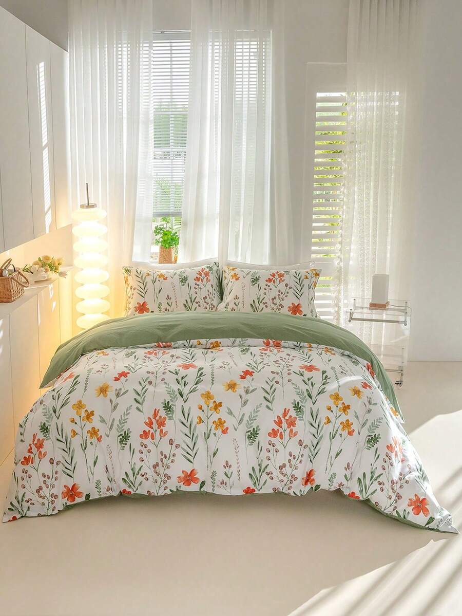 3pcs/Set Floral Pattern Duvet Cover Set(1 Duvet Cover & 2 Pillowcase)Soft And Skin-Friendly Duvet Cover Bedding Set For Home, All Season Bed Sheets Set