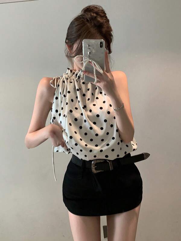 Women's Fashion Black Polka Dot Satin Drawstring Loose Fit Blouson Top