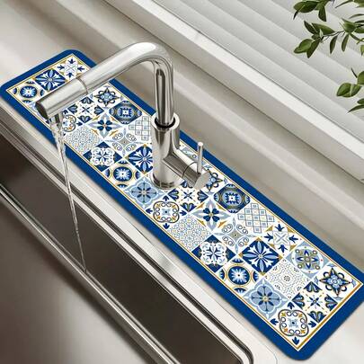 1 件波西米亚复古风格水龙头垫，涤纶防潮防滑排水垫，适用于厨房和浴室水槽，水龙头吸盘垫，适用于浴室台面的干燥垫，厨房和浴室柜台配件