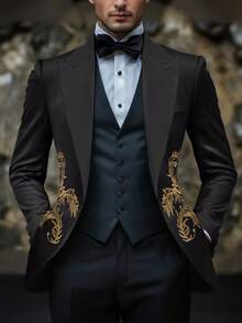 Patchwork Bump Collar Iron On Tiger Head Long Sleeve Blazer - Black - View 1