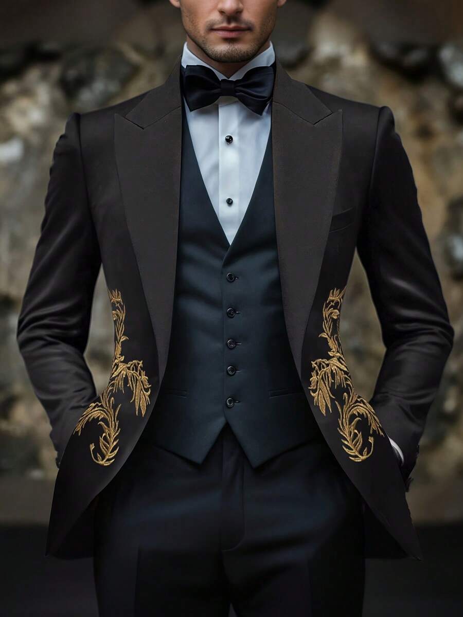 Patchwork Bump Collar Iron On Tiger Head Long Sleeve Blazer - Black - View 1