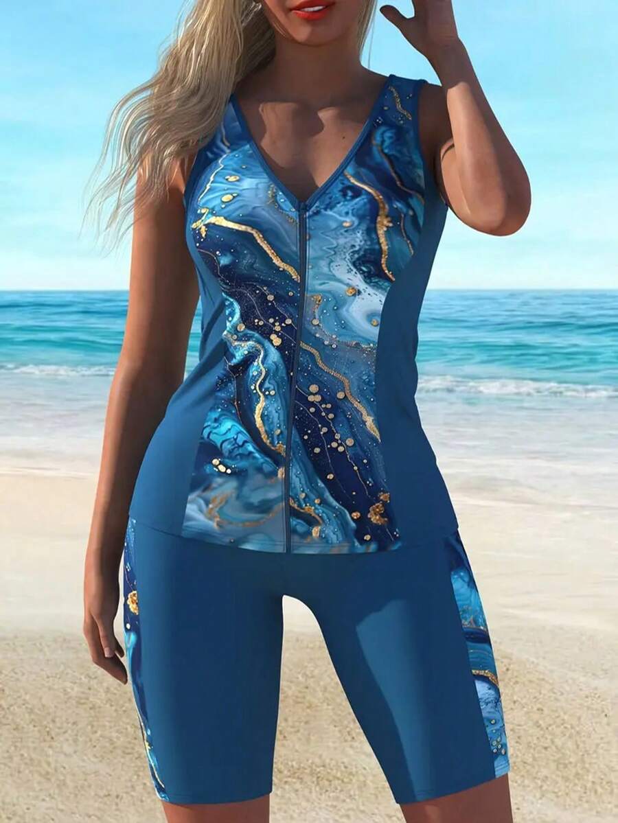 Traje de baño tipo tankini con estampado para mujeres para vacaciones - Azul Marino - Ver 1
