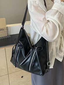 蝴蝶结装饰女士手提包，时尚韩版休闲大容量单肩包，适合旅行、散步、购物 - 黑色 - 查看 2