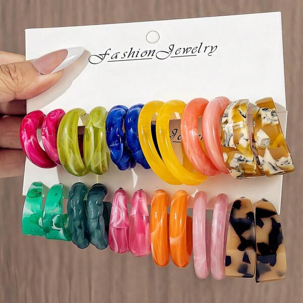 6-12 Pairs Oversized Luxury Resin Board C Shape Hoop Earrings Set, Multicolor, Fashionable European And American Style