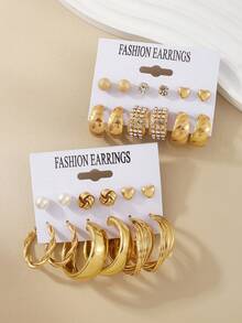 Set de 24 piezas/12 pares de pendientes metálicos elegantes con diseños de corazón y rayas para mujeres, con aros adornados con rhinestones y pendientes tipo botón simples, aptos para el uso diario y las vacaciones de verano casual - Dorado - Ver 3