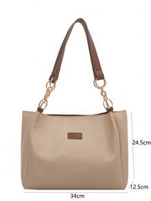 1pc Letter Contrast Color Strap Large Capacity Tote Bag, Versatile Shoulder Bag Suitable For Women To Commute - Khaki - View 2