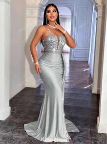 CHOSMO Vestido maxi elegante de noche, fiesta, boda o evento formal para mujeres con tiras de espagueti, espalda con cremallera, cintura alta, abertura lateral con cinta y detalles de lentejuelas.