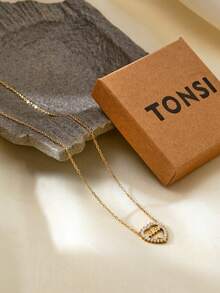 TONSI 1pc Luxury Stainless Steel 18K Gold Plated Diamond Heart Necklace, Gift Box Decoration, Suitable For Mother's Day