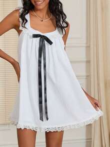 Cute Ribbon Bow Square Collar Sleeveless Short Dress Lace Trimmed Babydoll Mini Dress Fairycore Y2k Cute Women A-Line Dress - 白色 - 查看 4