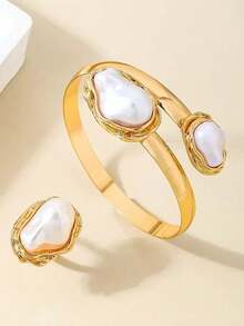 2pcs Fashionable Asymmetrical Teardrop Crystal Bangle Rings Set, Creative Cuff Bracelet And Ring For Women - Set - View 2