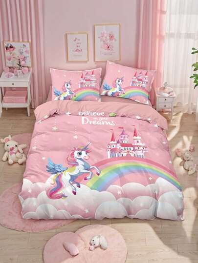 4pcs Unicorn Themed Bedding Set For Kids, Including Duvet Cover, Comfortable Bed Sheets, 160x240cm/220x240cm