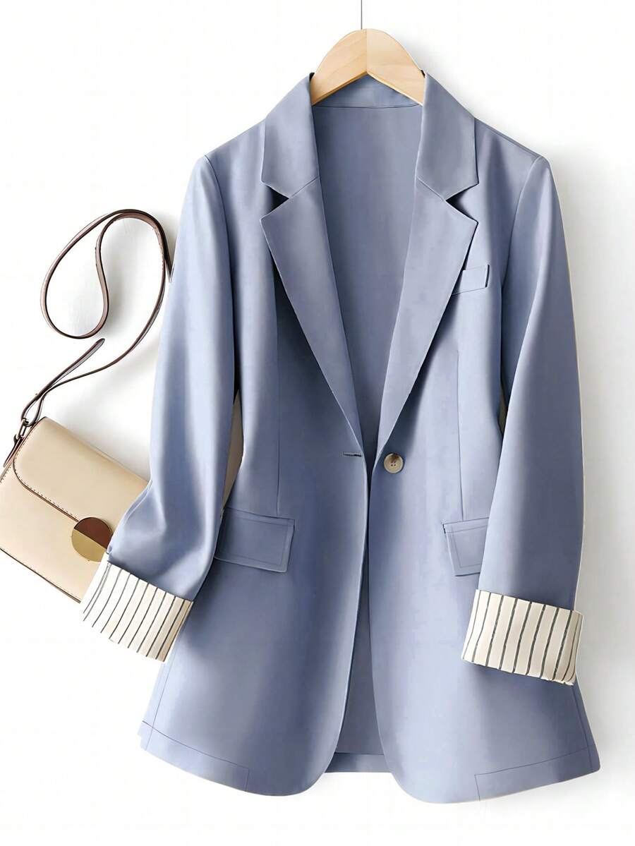 Women's Sleeve Stripe Patchwork Single-Button Regular Blazer - Dusty Blue - View 1