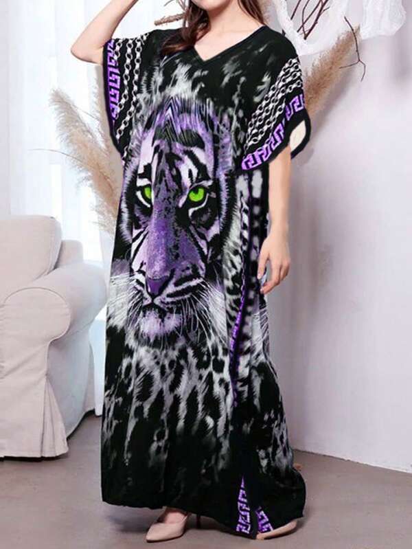 Back To School Fall Women Clothes Plus Size Women Relaxed Fit Vacay Beach Kaftan Dress - Chic Bohemian-Inspired Cover-Up With Flattering V-Neckline, Easy Pullover Design, And Vibrant Tiger Print Pattern - Perfect For Beach Trips And Warm Weather