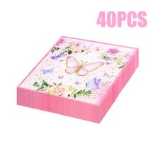 80/40/20 piezas Servilletas desechables de 13 * 13 pulgadas con estampado de mariposas y flores en rosa y azul, para uso en fiestas de cumpleaños, reuniones familiares, banquetes de bodas, decoración de hoteles y restaurantes - Rosa - Ver 14