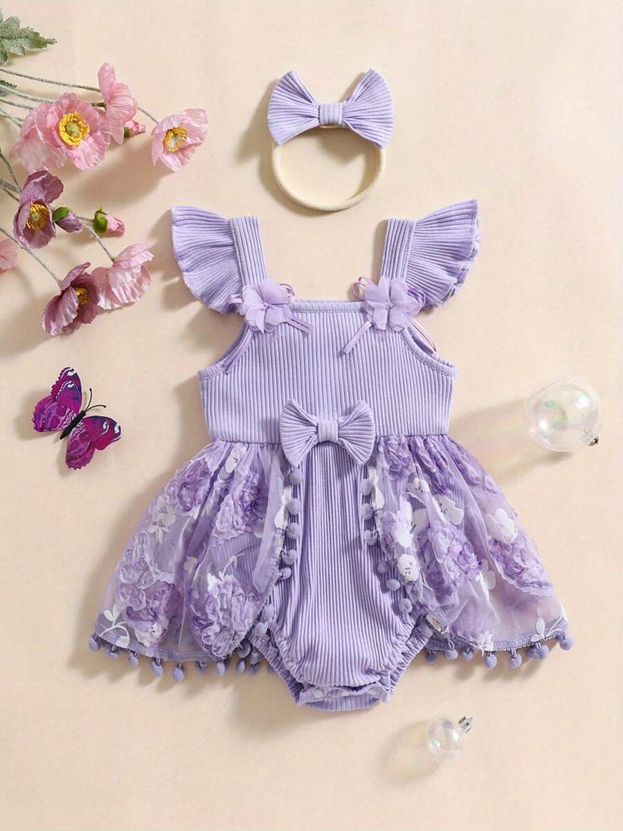 Baby Girl Summer Outfits Ruffle Sleeveless Square Neck Flower Romper With Headband Set - Purple - View 1