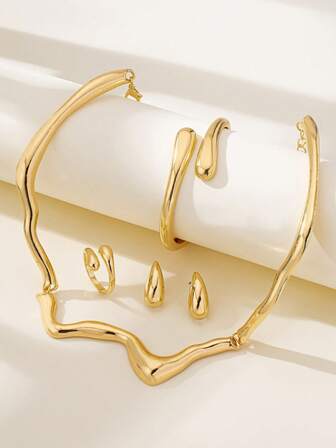 1 סט אופנה עגילי דמעות מסגסוגת, טבעות, צמידים, שילוב שרשרת תליון גל, מתאים ללבוש יומיומי לנשים, מתנות לחגים, מסיבות חוף