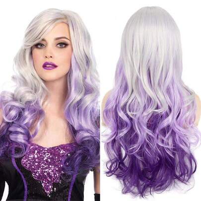 Wavy Ombre Silver Gray To Purple Wig, Side Part, Natural Looking, Synthetic Fiber, Suitable For Women's Cosplay And Music Festivals