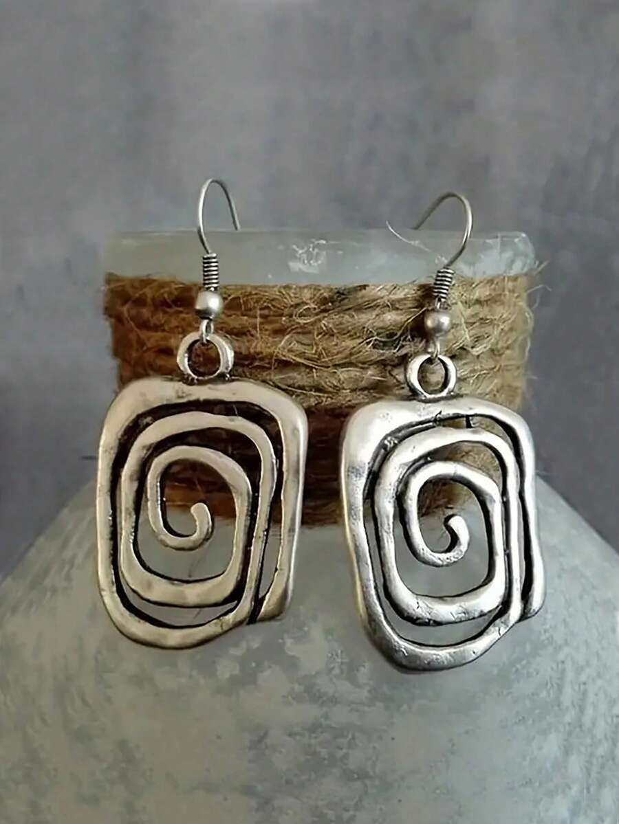 1 对复古风格金属几何圆形、方形、空心、螺旋形吊坠耳环，适合日常使用 - 復古銀色 - 查看 1