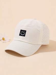 1pc Kids Smiling Face Baseball Cap For Girls Boys,Adjustable Washed Baseball Hat With Ponytail - Face - View 10