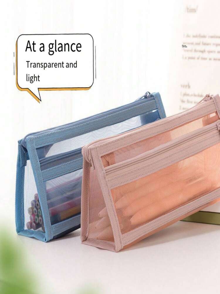 1 Pc Ins Style Simple Transparent Net Double-Layer Large Capacity Zipper Pencil Case, Student Exam Stationery Organizer - Multicolor - View 2