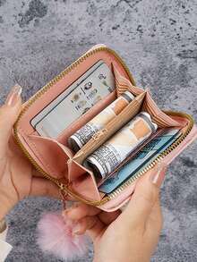 Short Wallet, Minimalist Fashion Coin Purse, Quilted Student Card Holder, Plush Ball Bag - Multicolor - View 3