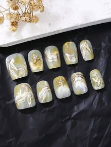 Beauty, Fragrance Style, French Tip Nails, 10-Piece Set, Lemon Yellow, Short Ladder Type, Press On Nails, New Years Nails, Valentines Nail, Wearable Nail Art, Handmade, Elegant And Generous Design, High-End French Style, Gel Polishing, Flash Nail Supplies Nails - Yellow - View 5