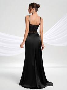 YISIKADO 女士优雅细肩带开叉大腿正式舞会礼服派对礼服婚礼宾客礼服舞会礼服婚礼宾客晚宴，适合晚会 - 黑色 - 查看 3