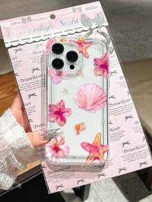 TPU Material Airbag Design Phone Case With Pink Tropical Flower, Starfish, Shell Patterns Compatible With IPhone 14/13 Pro Max/12 Pro/11/XR/XS/7/8 Plus, S10/S22/A12/A50/A52/S24/A135G Waterproof Shockproof Anti-Fall Scratch Resistant - Multicolor - View 2