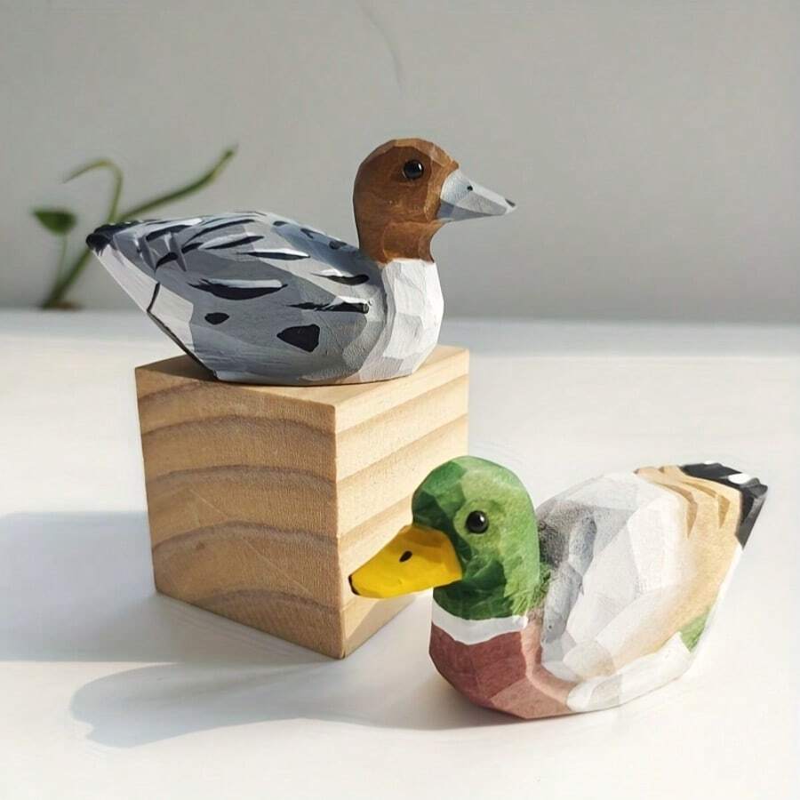 手工制作的木制绿头鸭雕像 - 男性和女性，彩绘动物雕塑，家居装饰，艺术收藏，完美的情人节或周年纪念礼物 - 彩色 - 查看 1