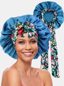 1pc Women Elastic Printed Ribbon Satin Hair Bonnet, 36cm Diameter, Head Wrap Cap Suitable For Daily Use - Multicolor - View 2