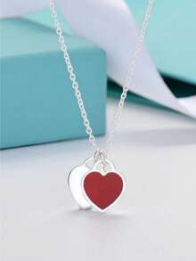 1 时尚爱心纯银项链滴油珐琅蓝红粉色锁骨链双女士心形吊坠适合常规服装送母亲节礼物