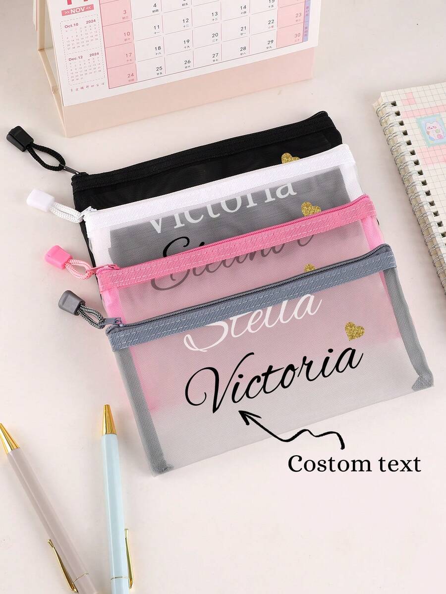 1 pieza Estuche de lápices de malla personalizado con transferencia térmica, estuche de almacenamiento de papelería con cremallera, accesorios de escritorio para oficina y aula, bolsa de almacenamiento de artículos escolares, artículos esenciales de vuelta a la escuela, suministros navideños