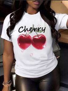 Women's Sweet Cherry Print T-Shirt, Fresh And Cute Style, Summer - White - View 3