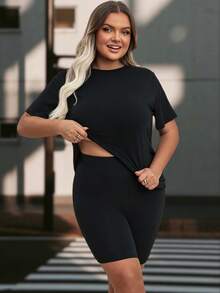 大码夏季休闲纯色短袖 T 恤和短裤运动套装